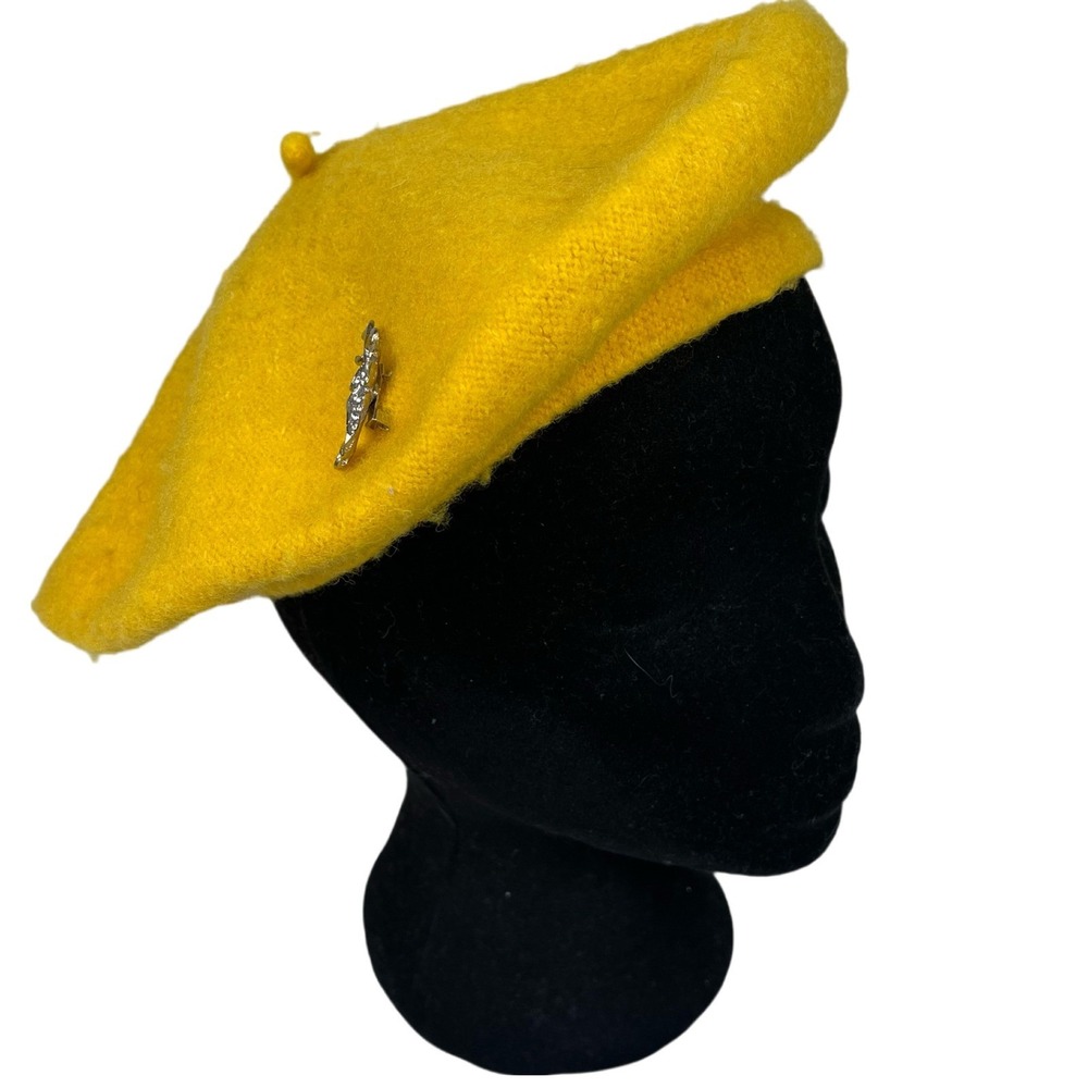 Vintage Yellow Wool Beret Hat Women Yellow Rhinestone Leaf Pin Parisian Style